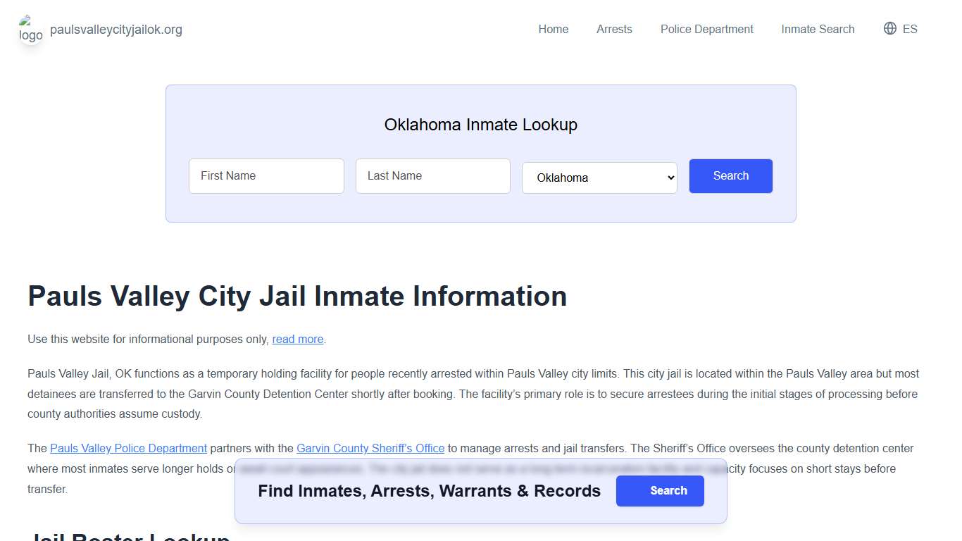Pauls Valley Jail, OK Inmate Roster, Municipal Jail Info